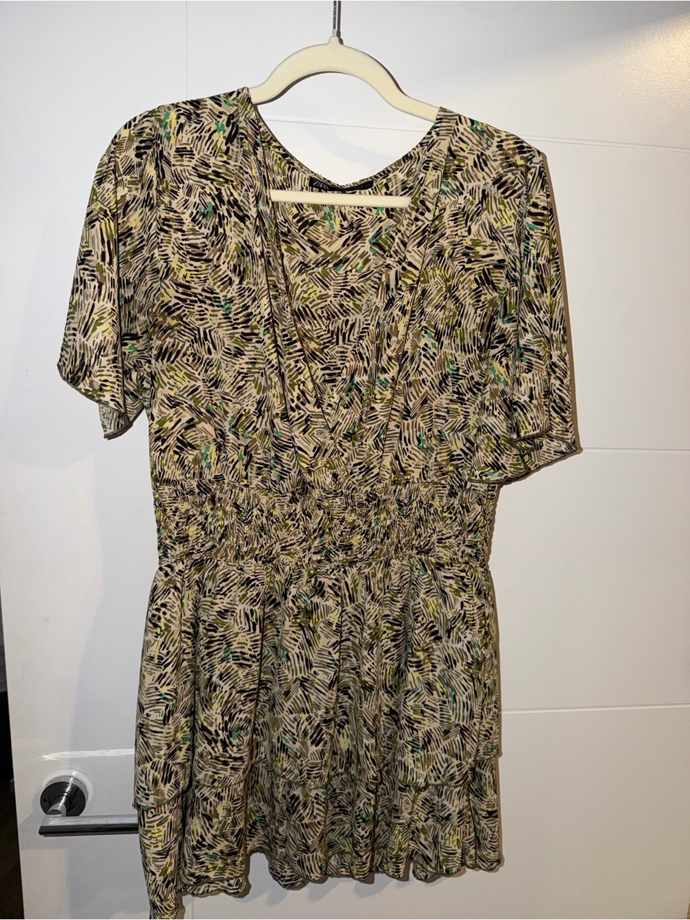 Zara Patterned Short Sleeve Mini Dress in Beige and Black, worn once